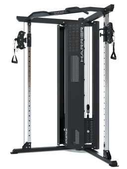Atletica Harrier functional trainer with dual weight stacks and cable handles, front angled view