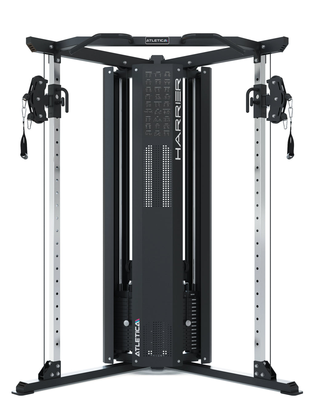 Harrier functional trainer with two cable pulls, weight stack and exercise chart