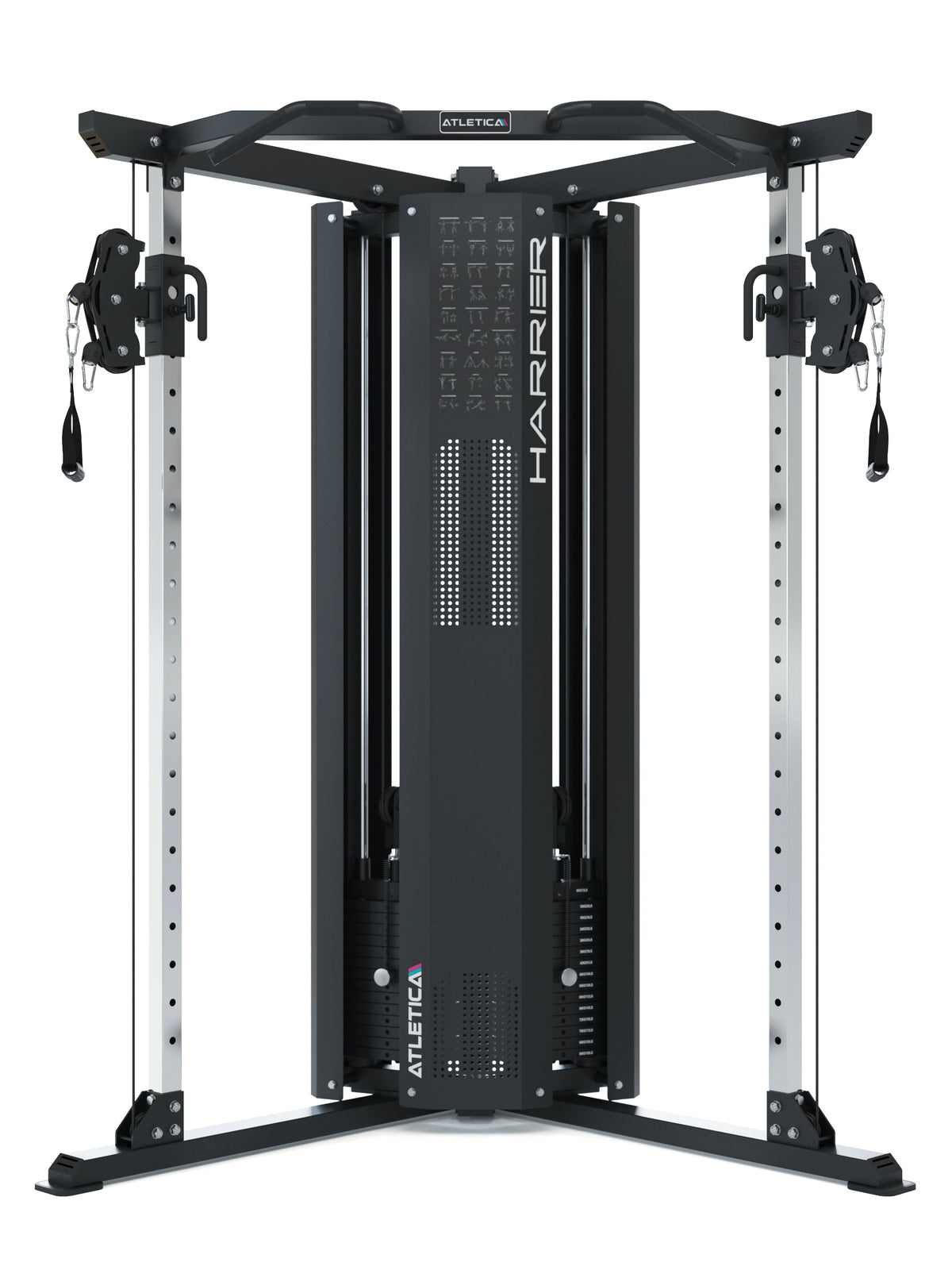 Harrier functional trainer with two cable pulls, weight stack and exercise chart