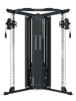 Harrier functional trainer with two cable pulls, weight stack and exercise chart