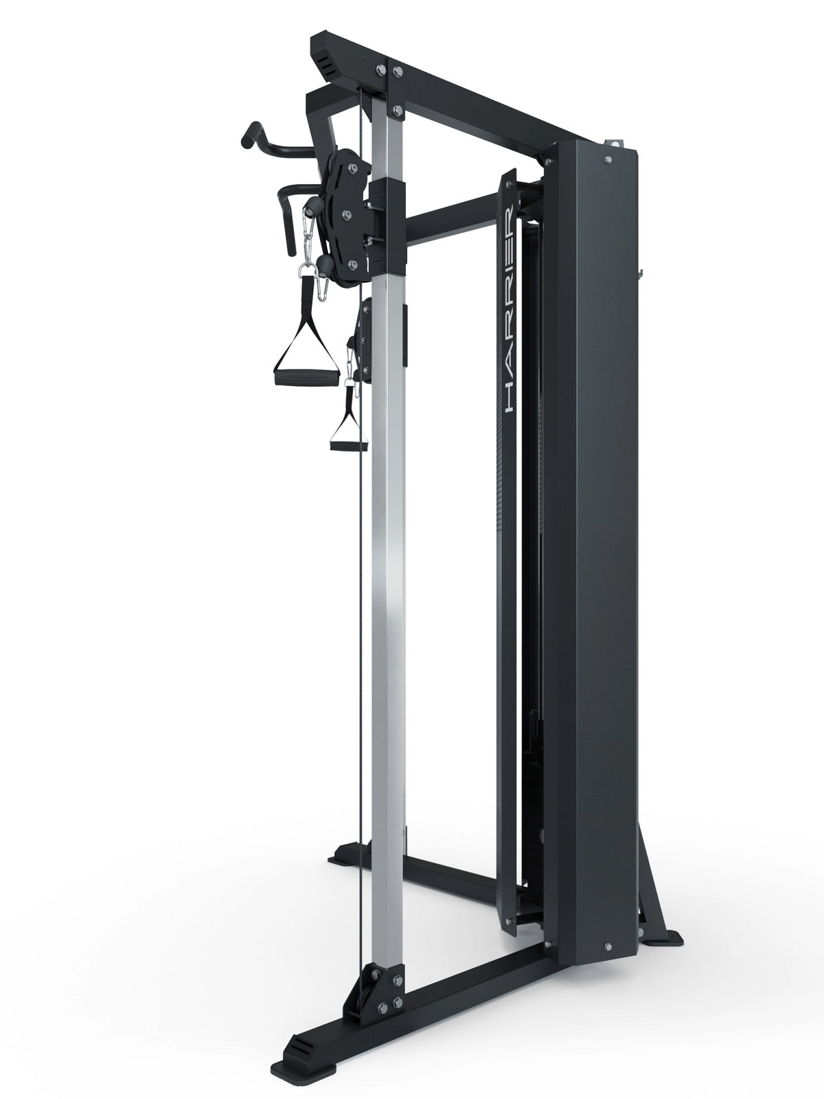 Harrier functional trainer with adjustable cables, two handles, black logo on the side