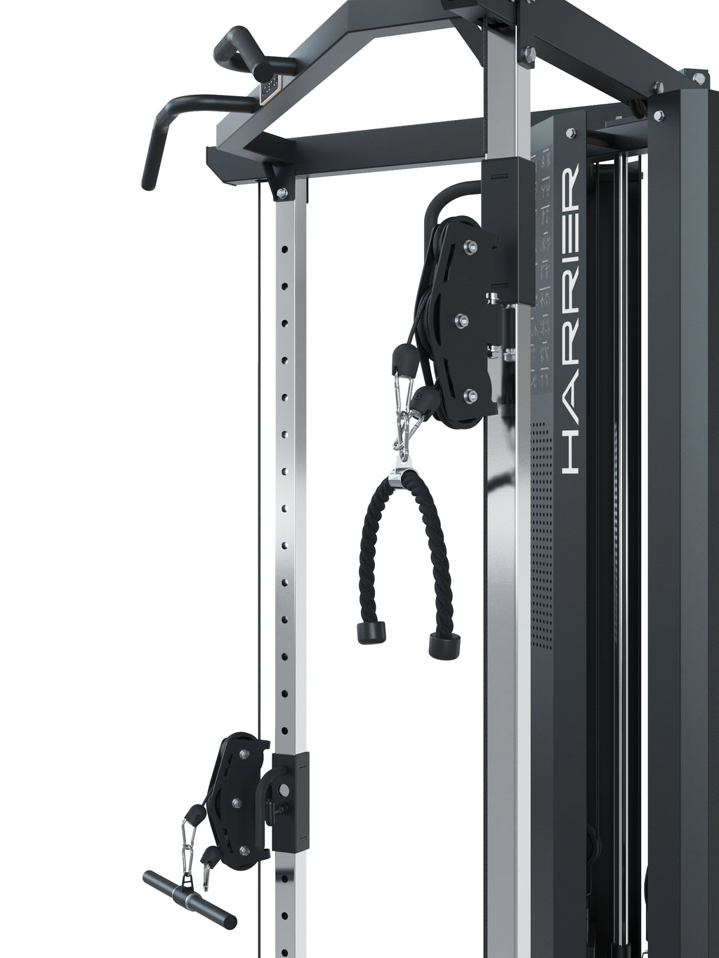 Harrier Functional Trainer with lat pulldown bar, rope handle and adjustable cable pull