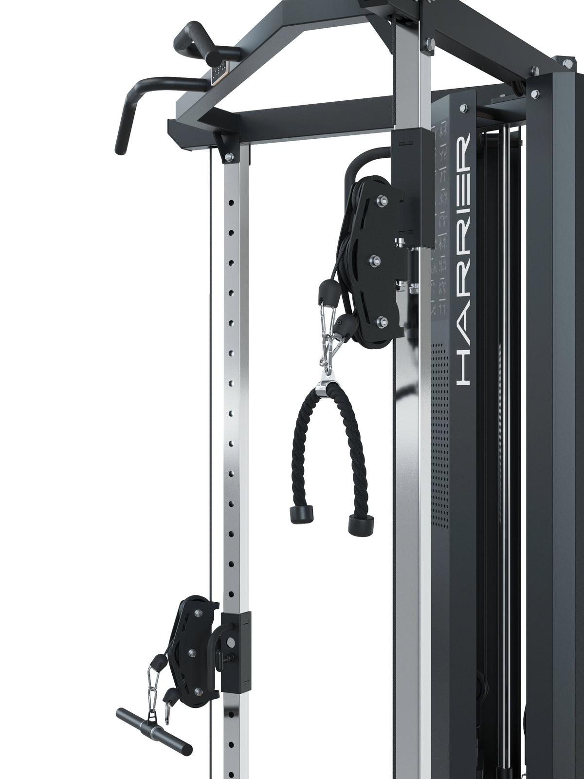 Harrier Functional Trainer with lat pulldown bar, rope handle and adjustable cable pull