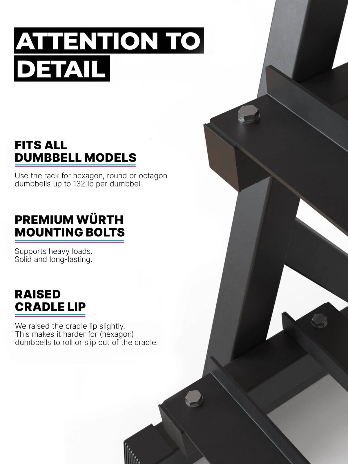 Hexagon SET Inferno - black dumbbell rack with mounting screws, raised holder edge