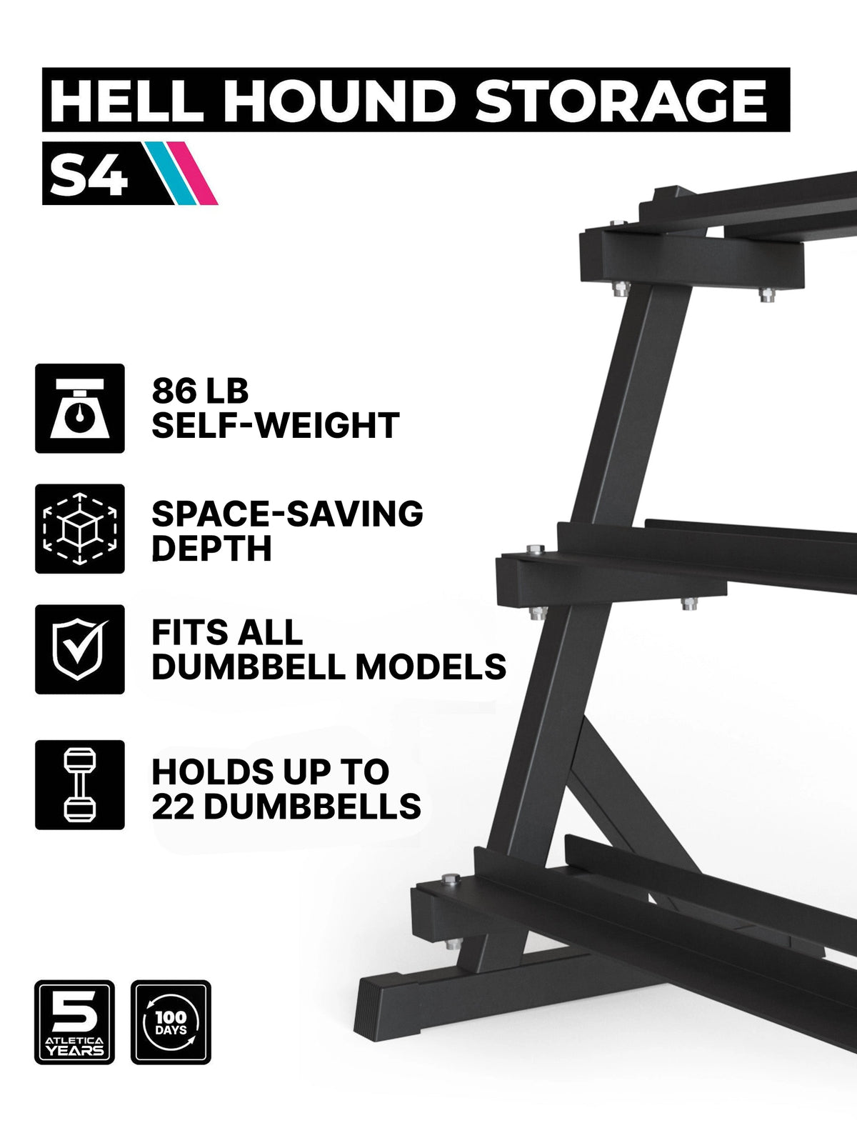 Hexagon SET Inferno - black dumbbell rack with mounting screws, raised holder edge