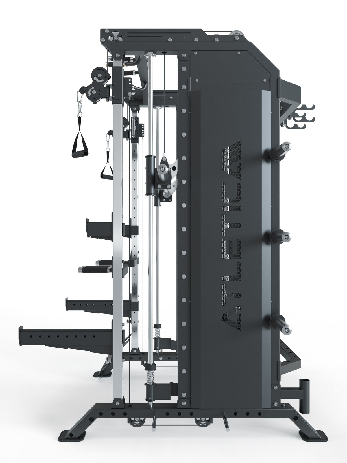 Hellraiser Home Gym from the side, cable pulley, weight plate holders, handles