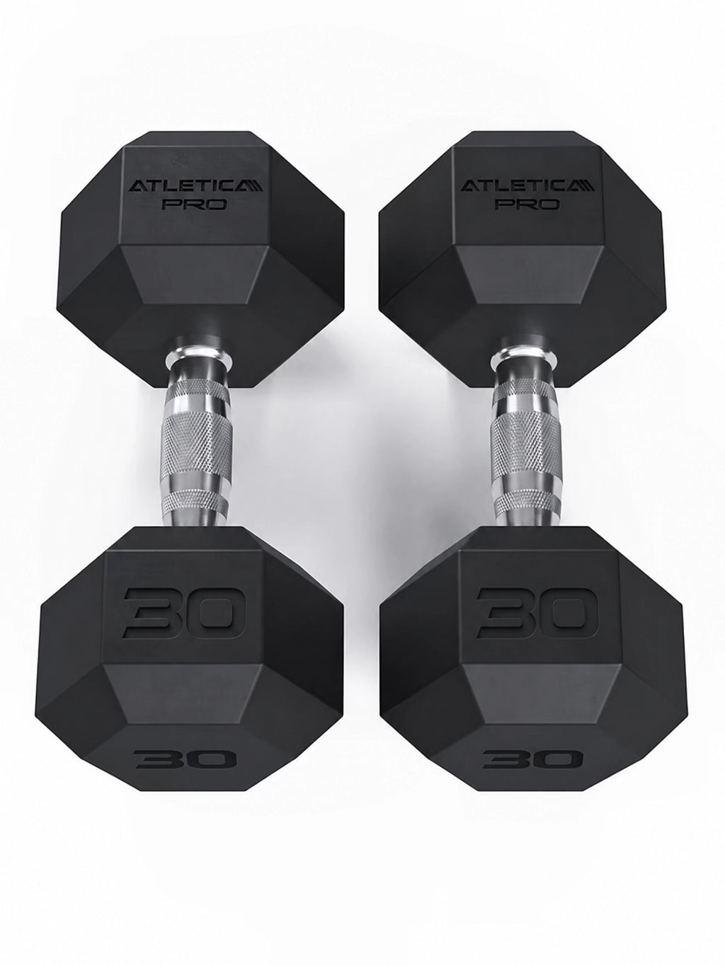 Hexagon PRO Dumbbells - Two hexagonal 30 lb dumbbells, silver handles