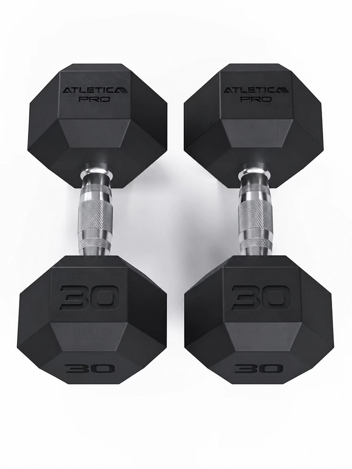 Hexagon PRO Dumbbells - Two hexagonal 30 lb dumbbells, silver handles