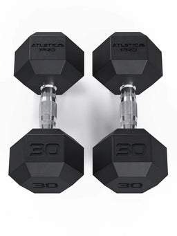 Hexagon PRO Dumbbells - Two hexagonal 30 lb dumbbells, silver handles