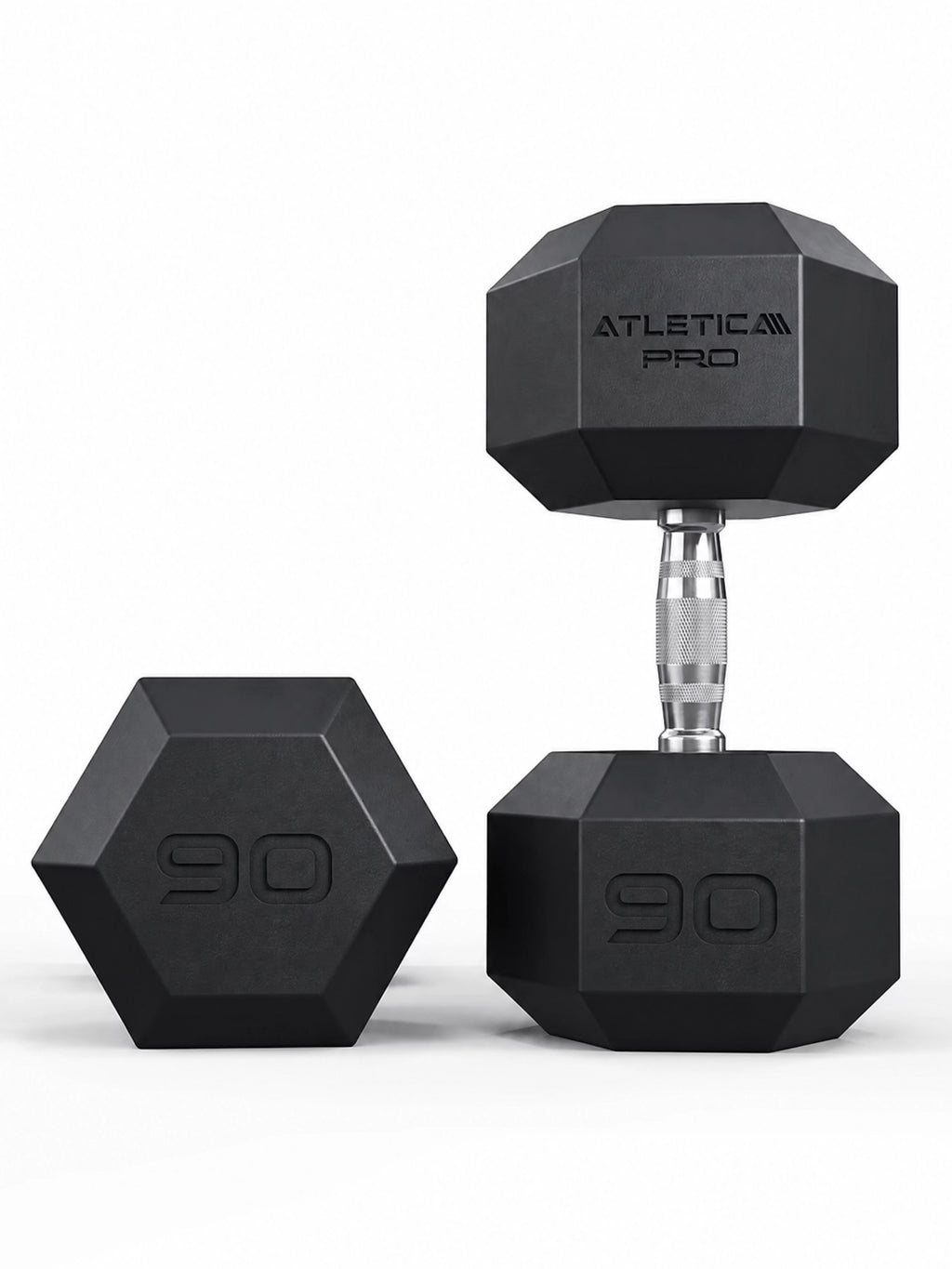 Hexagon PRO Dumbbells - hexagonal dumbbells 90 lb, one standing, one lying