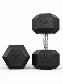 Hexagon PRO Dumbbells - hexagonal dumbbells 90 lb, one standing, one lying