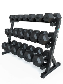 Hexagon Dumbbells PRO - black dumbbell rack with hexagonal dumbbells in various weights