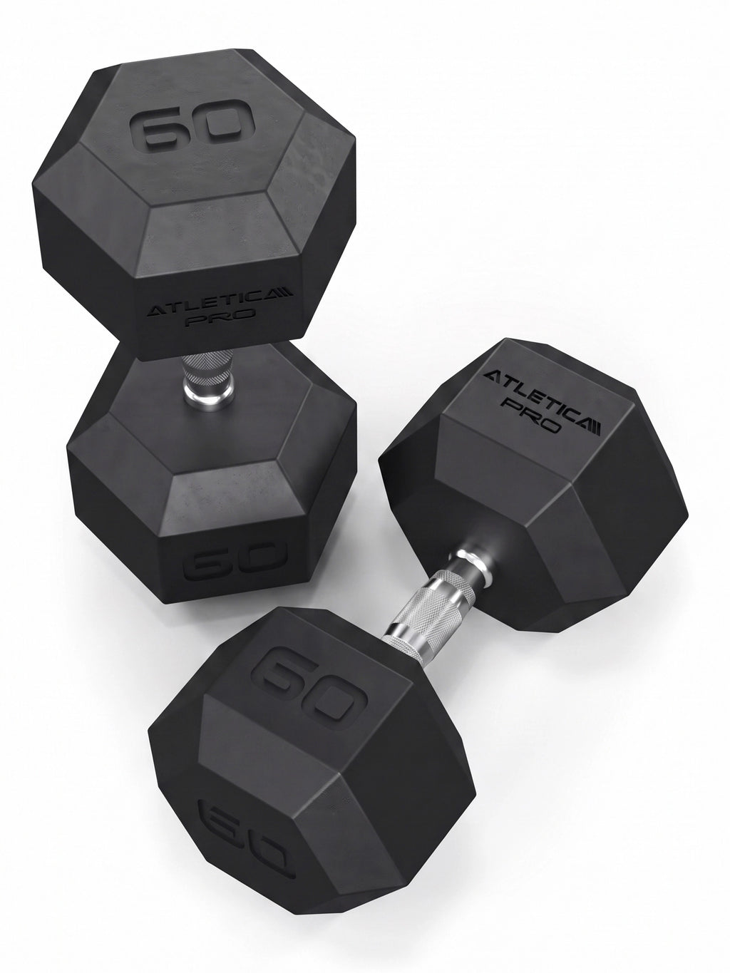 Hexagon Dumbbells PRO 60 lb Pair with non-slip handles and black PU surface