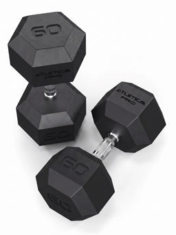 Hexagon Dumbbells PRO 60 lb Pair with non-slip handles and black PU surface