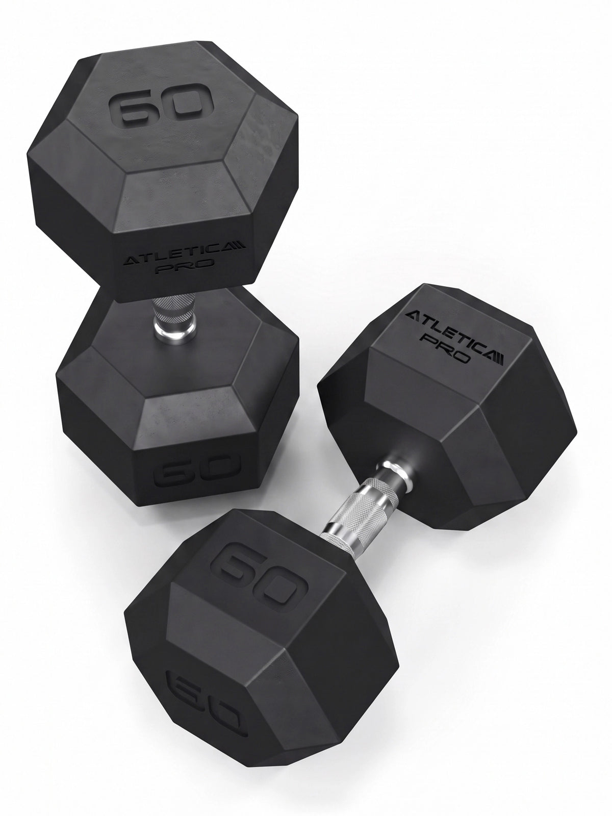 Hexagon Dumbbells PRO 60 lb Pair with non-slip handles and black PU surface