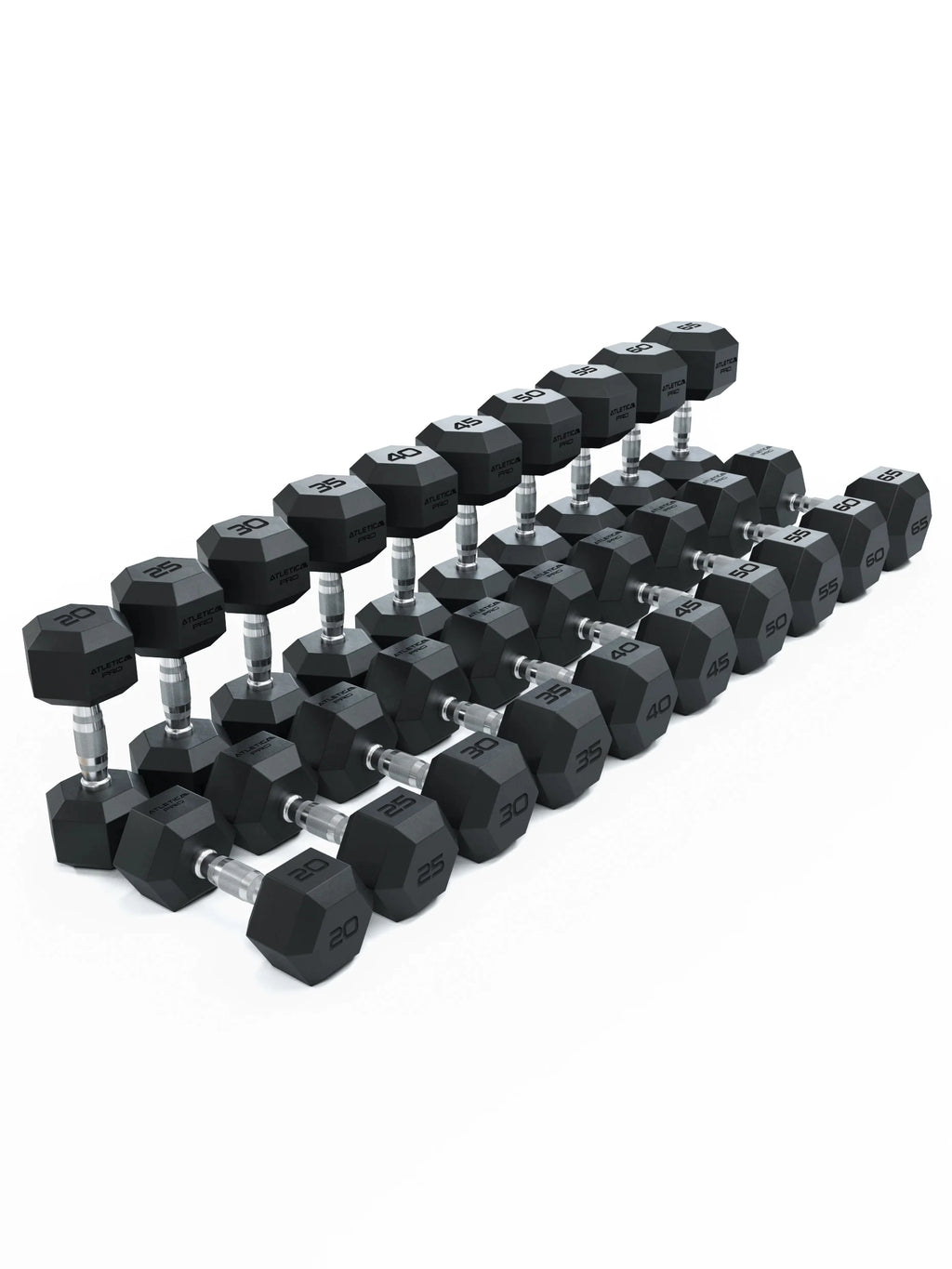 Hexagon Dumbbells PRO - several rows of hexagonal dumbbells with black design and silver handles