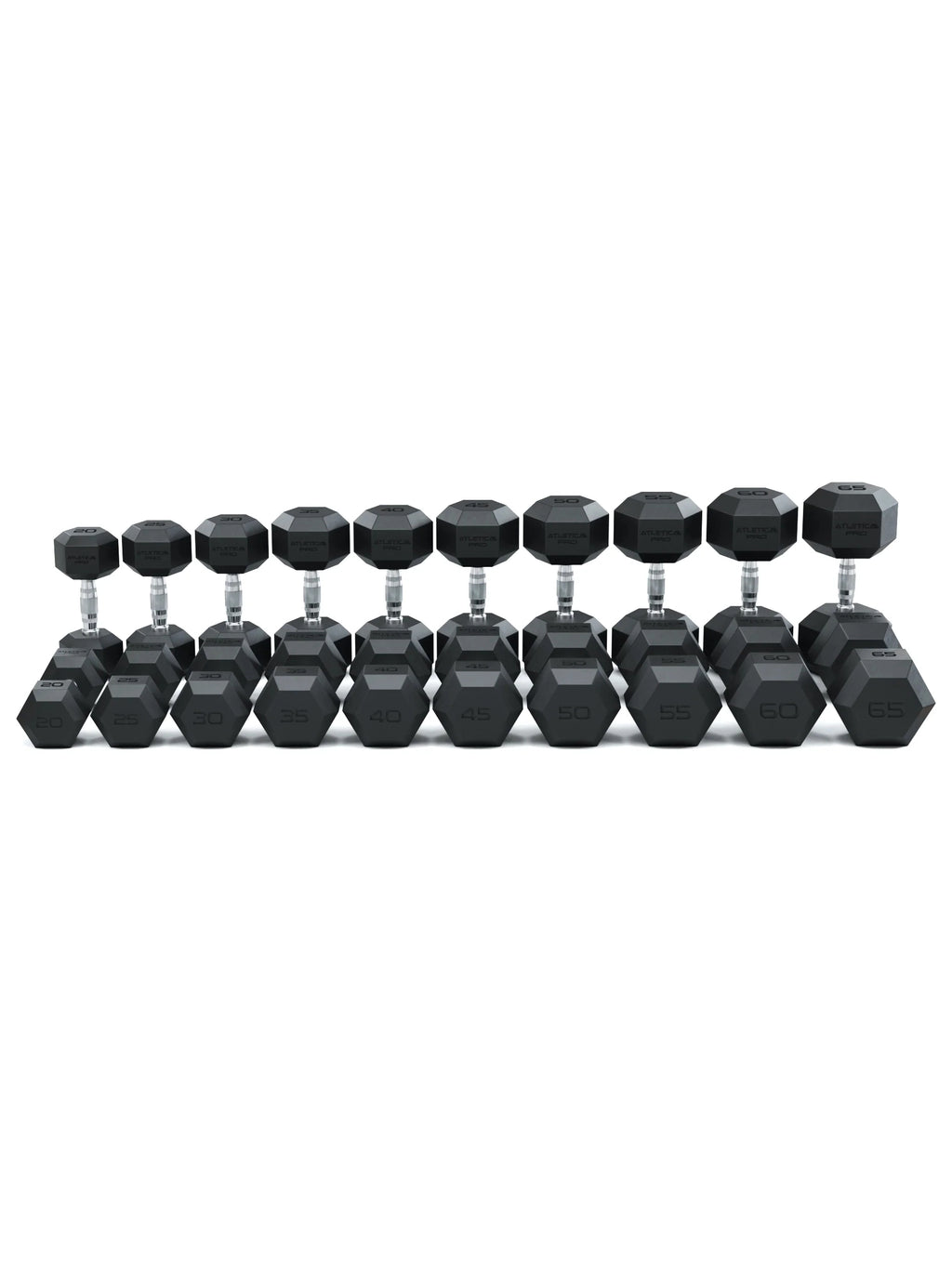 Hexagon Dumbbells PRO - black hexagonal dumbbells in a row