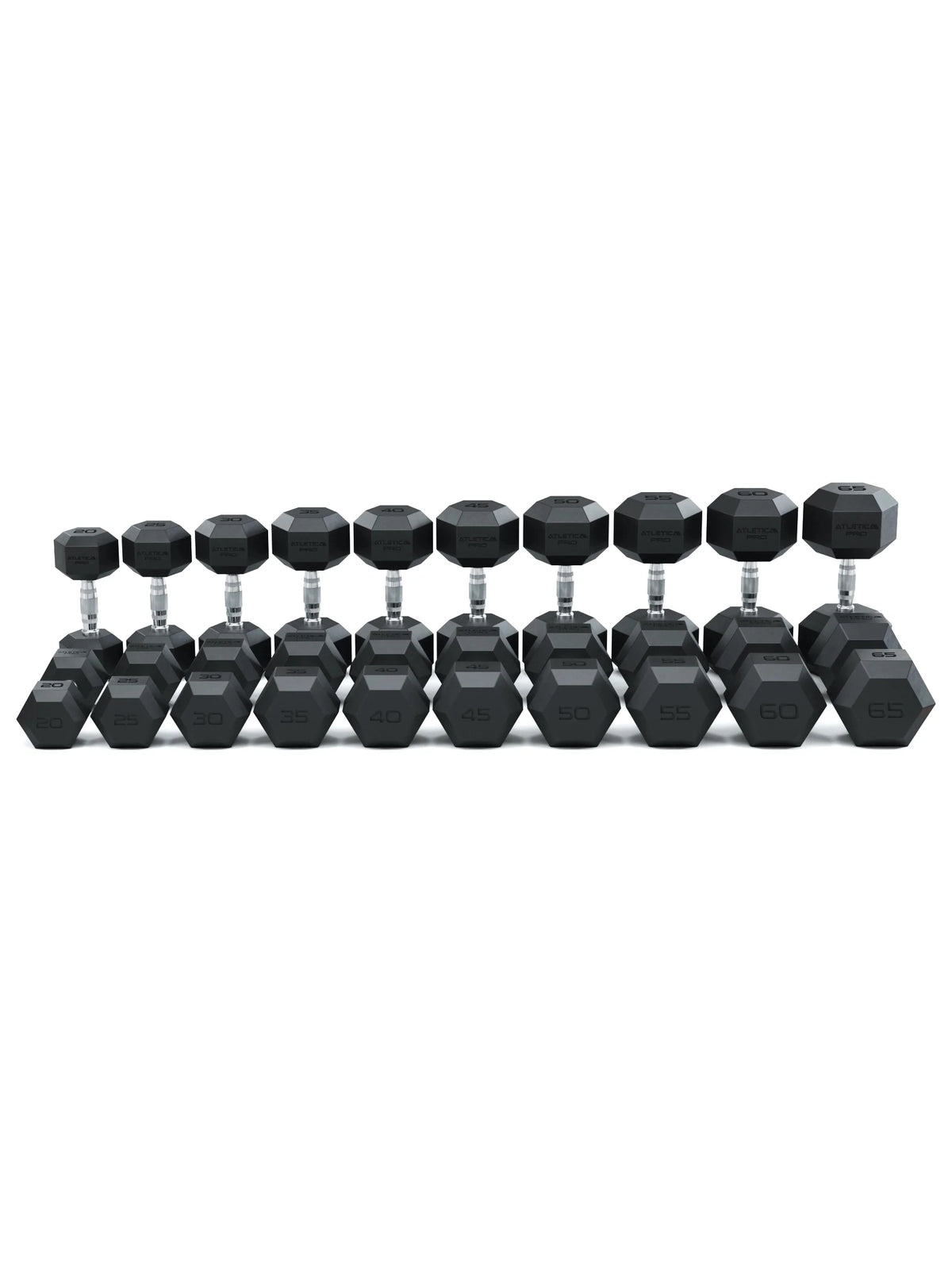 Hexagon Dumbbells PRO - black hexagonal dumbbells in a row