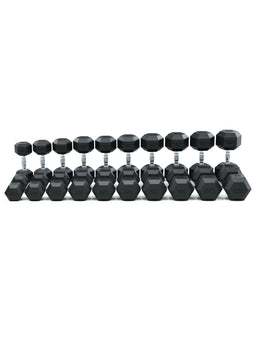 Hexagon Dumbbells PRO - black hexagonal dumbbells in a row