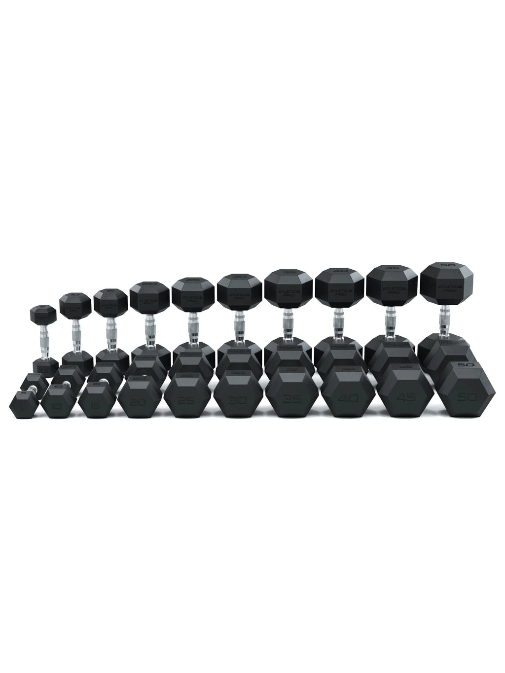 Hexagon Dumbbells PRO - Black Hexagonal Dumbbells in a Row, Weights from 5 to 50 lb, Silver Handles