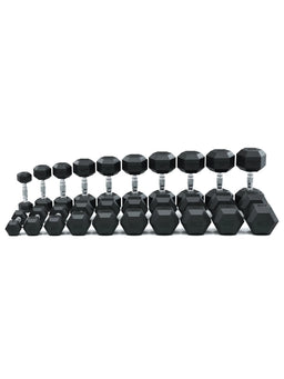 Hexagon Dumbbells PRO - Black Hexagonal Dumbbells in a Row, Weights from 5 to 50 lb, Silver Handles
