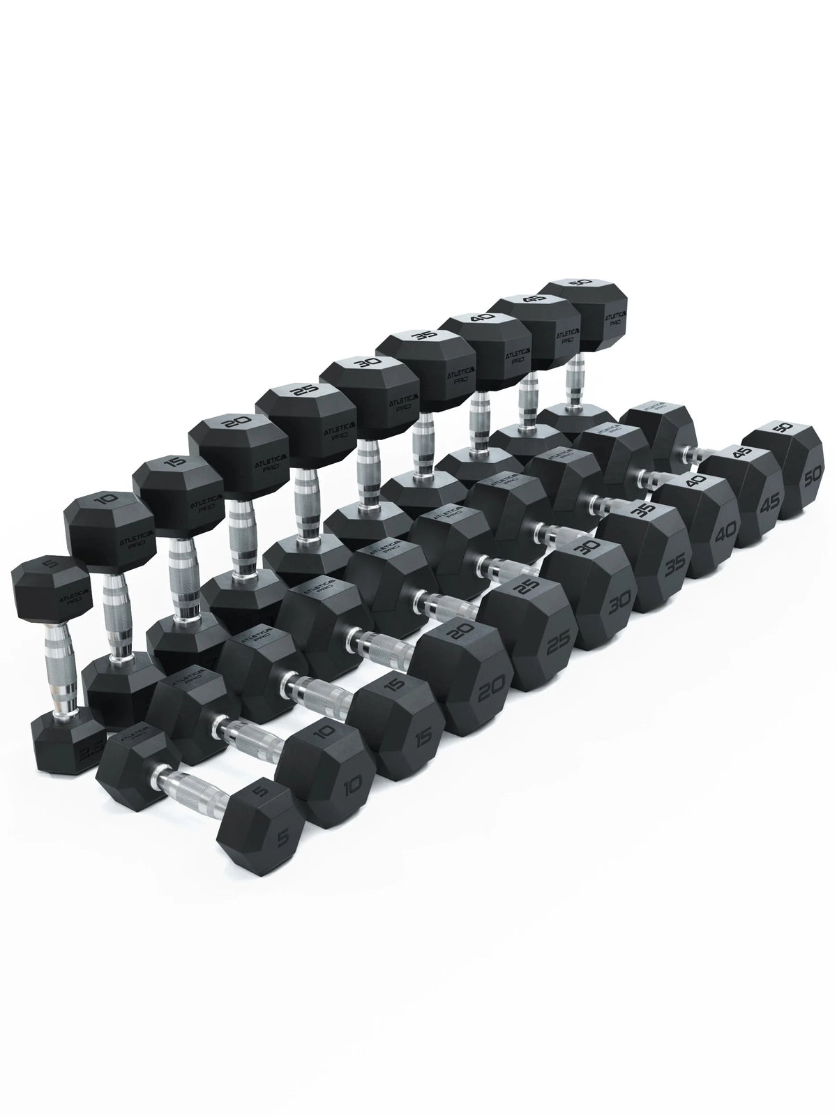 Hexagon Dumbbells PRO Set 5 - 50 lb - Hexagon Dumbbells, 5-50 lb, stacked, black rubber, silver handles