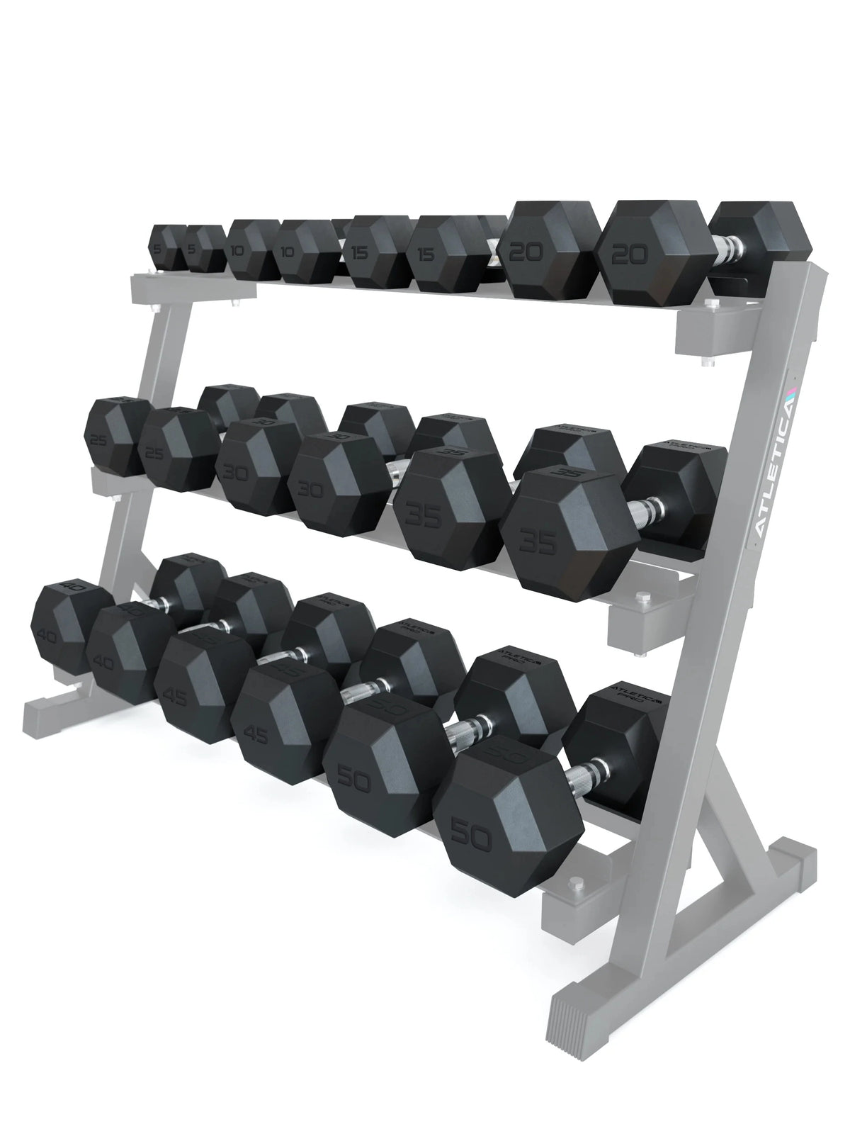 Hexagon Dumbbells PRO - Set 5 - 50 lb on three-tier dumbbell stand, made of polyurethane, for strength training