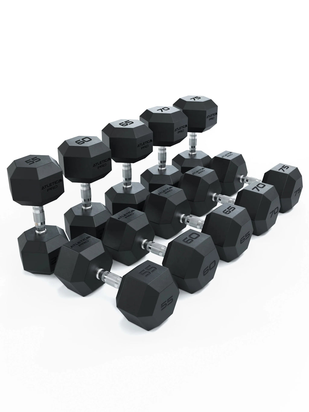 Hexagon Dumbbells PRO - black hexagonal dumbbells in various weight levels, silver handles