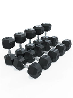 Hexagon Dumbbells PRO - black hexagonal dumbbells in various weight levels, silver handles