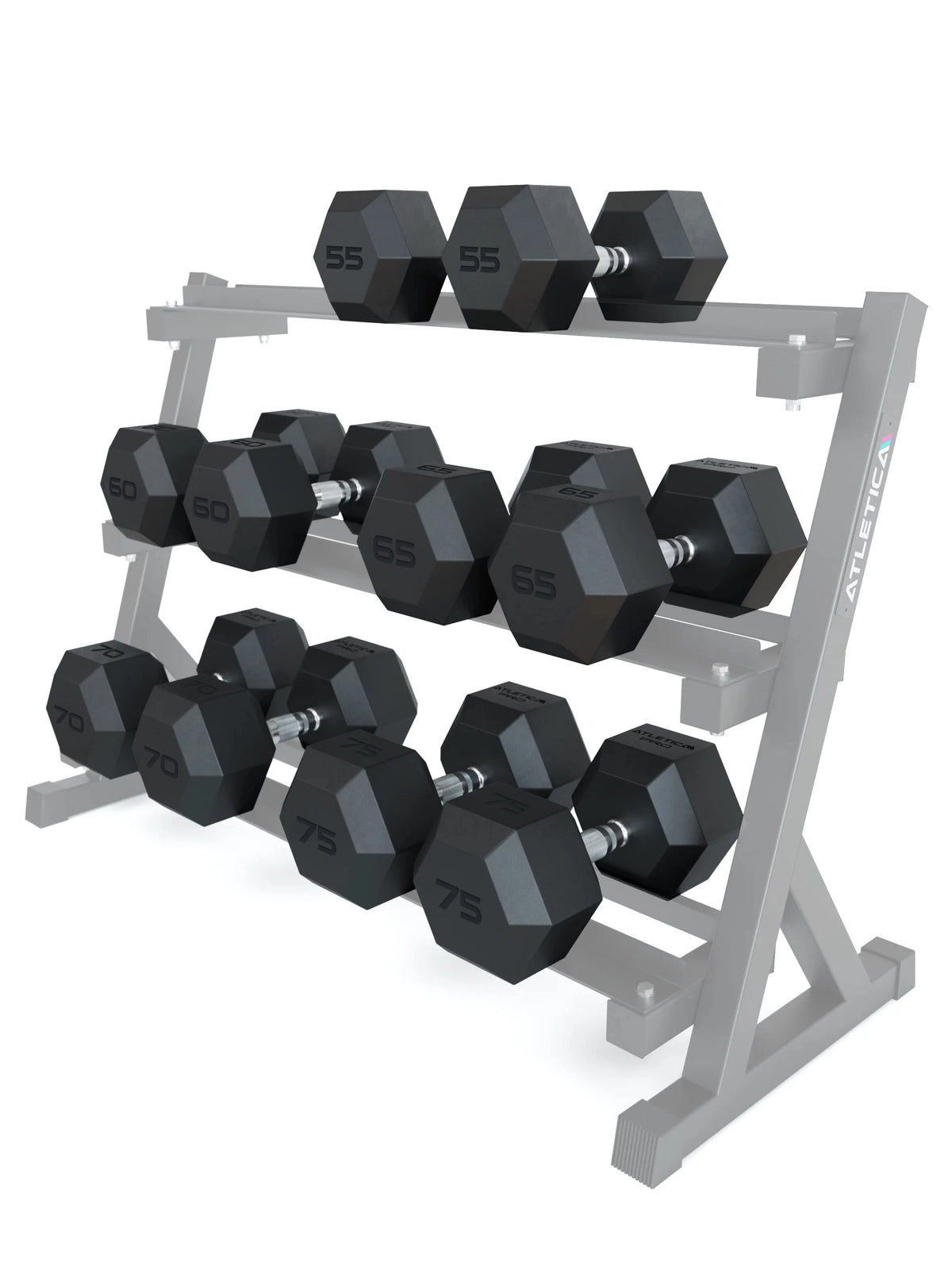 Hexagon Dumbbells PRO - black dumbbells on three-tier dumbbell stand