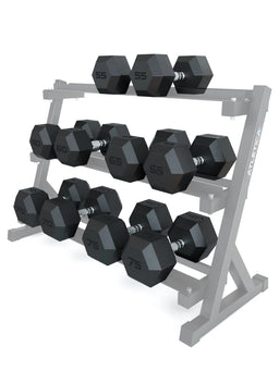 Hexagon Dumbbells PRO - black dumbbells on three-tier dumbbell stand