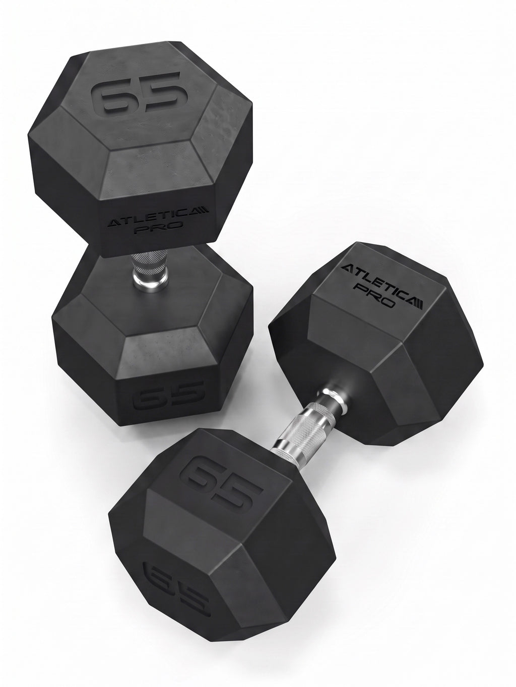 Hexagon Dumbbells PRO  Set 55 - 75 lb - Two hexagonal dumbbells, weight 75 lb, silver grips, made of polyurethane