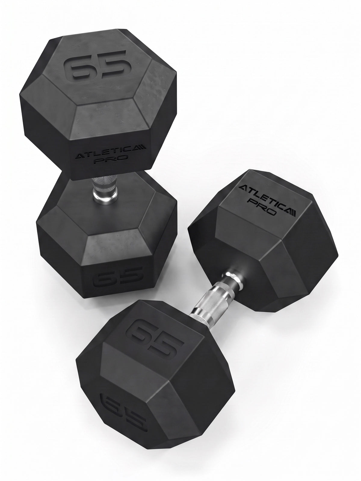 Hexagon Dumbbells PRO  Set 55 - 75 lb - Two hexagonal dumbbells, weight 75 lb, silver grips, made of polyurethane