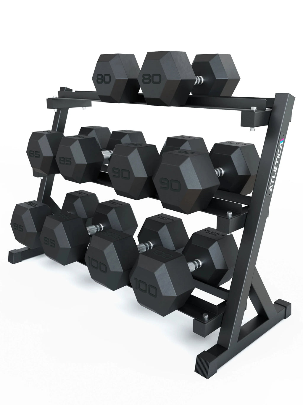 Hexagon Dumbbells PRO - Black Hexagonal Dumbbells on Dumbbell Stand, Weights 80-100 lb