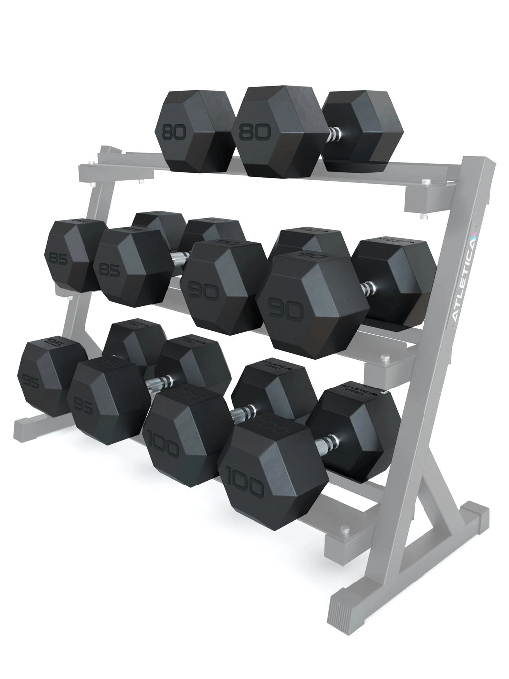 Hexagon Dumbbells PRO - black hexagonal dumbbells on dumbbell stand, weights from 80 to 100 lb