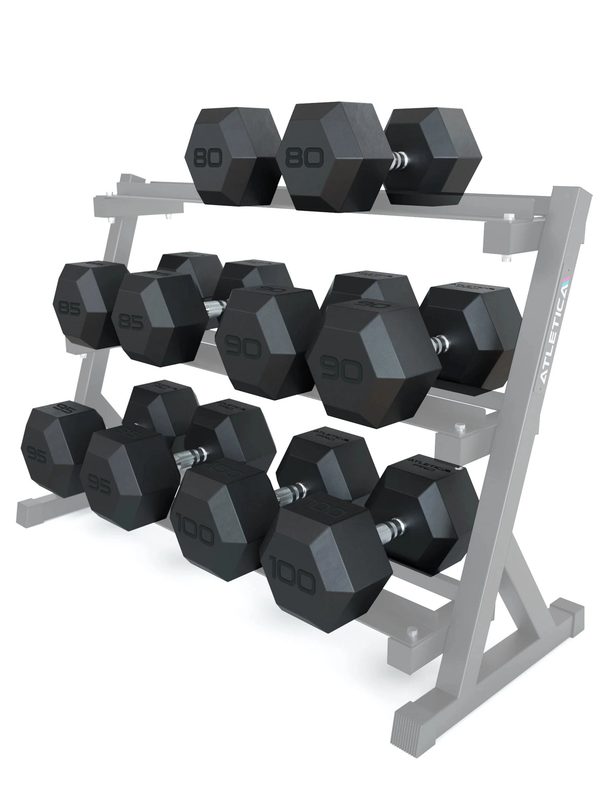 Hexagon Dumbbells PRO - black hexagonal dumbbells on dumbbell stand, weights from 80 to 100 lb