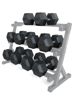 Hexagon Dumbbells PRO - black hexagonal dumbbells on dumbbell stand, weights from 80 to 100 lb