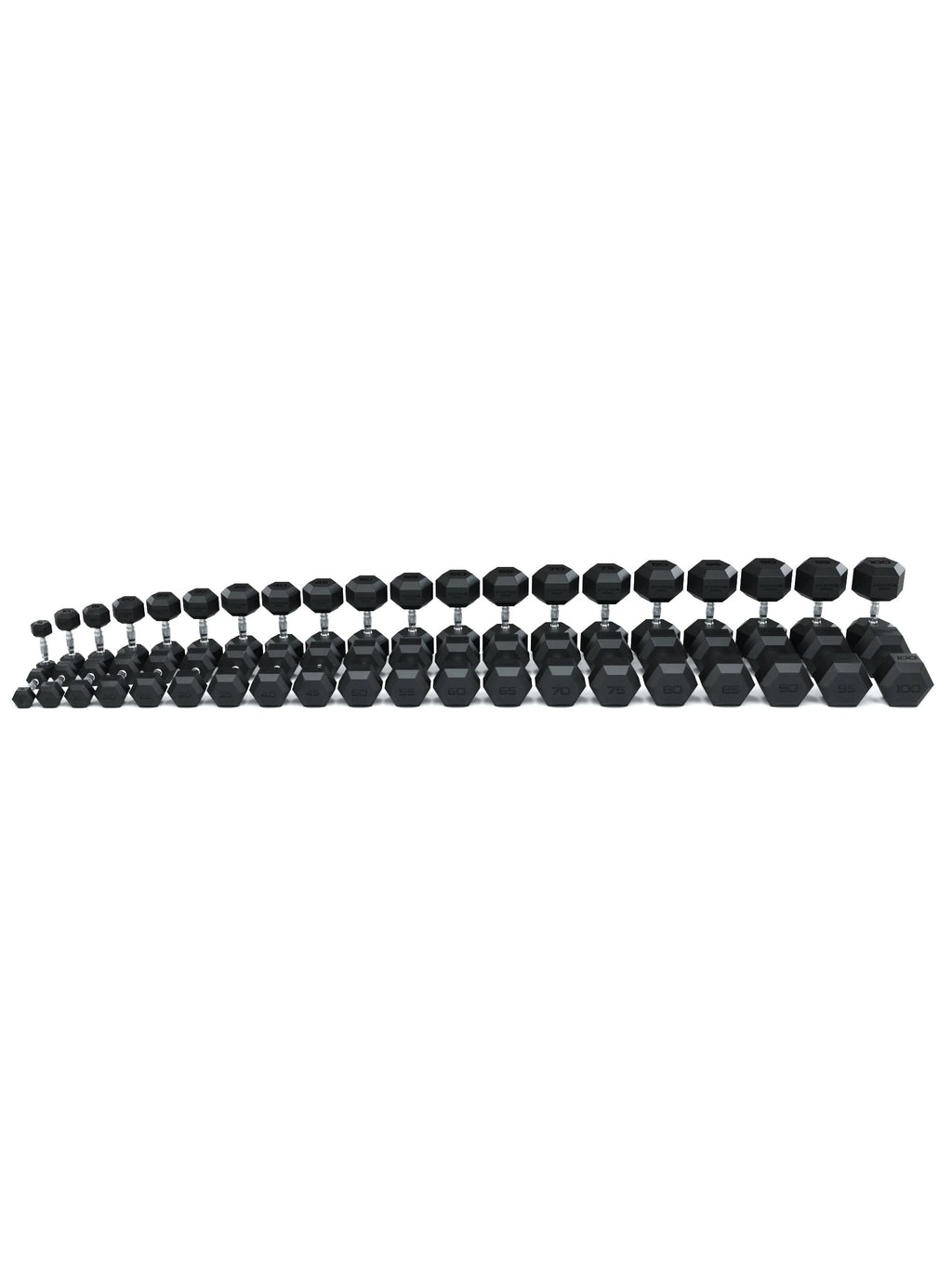 Hexagon Dumbbells PRO - row of hexagonal Dumbbells in various sizes, black design, silver handles