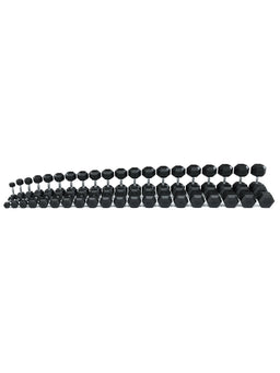 Hexagon Dumbbells PRO - row of hexagonal Dumbbells in various sizes, black design, silver handles
