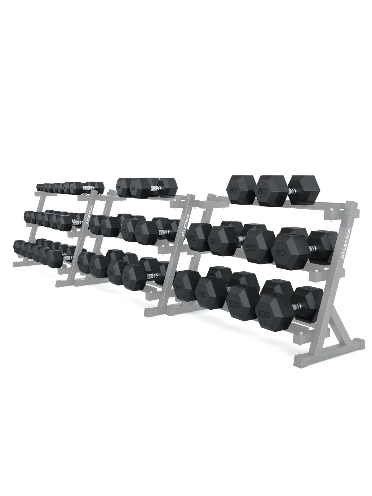 Hexagon Dumbbells PRO - black hexagonal dumbbells on dumbbell stands