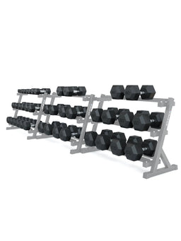 Hexagon Dumbbells PRO - black hexagonal dumbbells on dumbbell stands