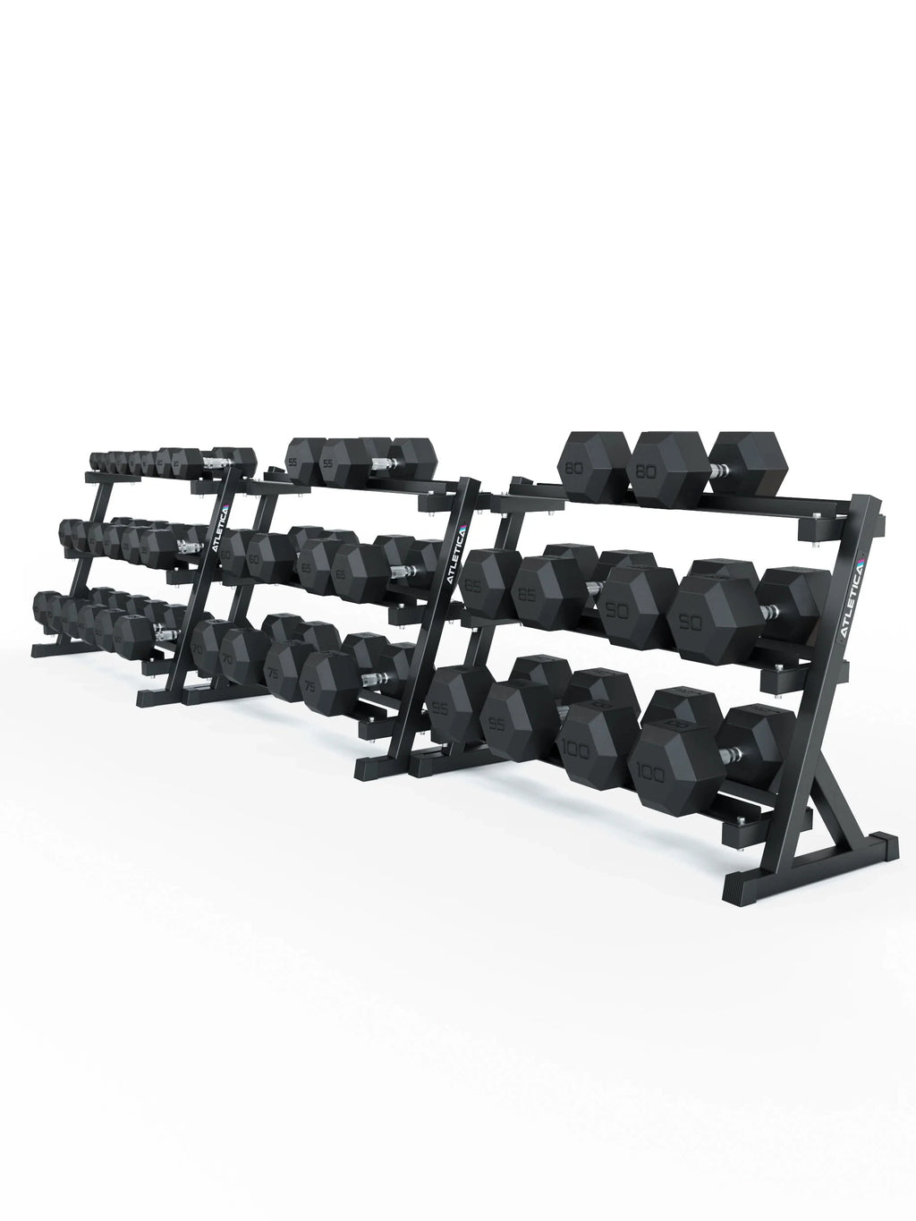 Hexagon Dumbbells PRO - black hexagonal dumbbells on dumbbell stands