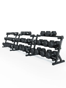Hexagon Dumbbells PRO - black hexagonal dumbbells on dumbbell stands