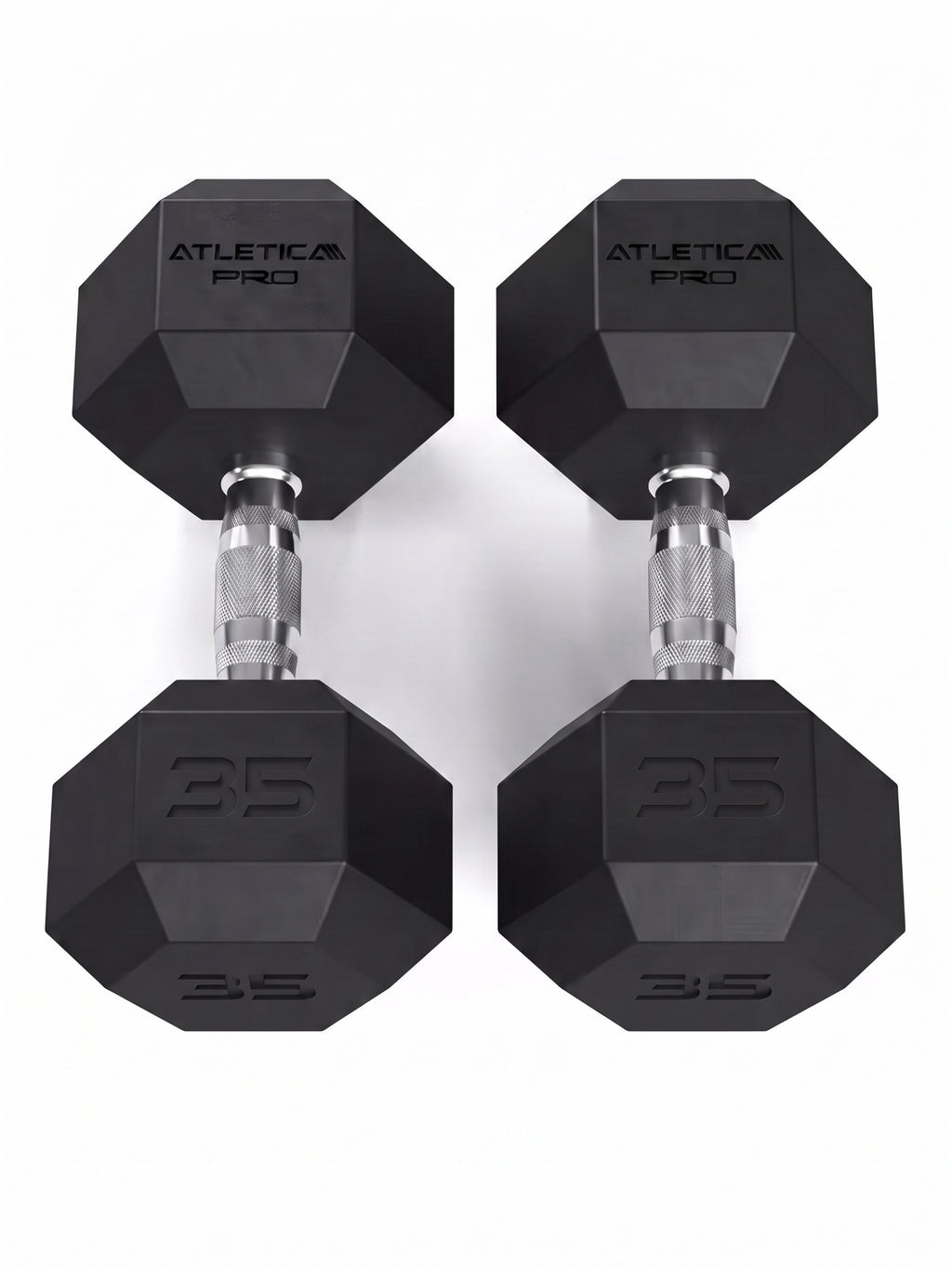 Hexagon PRO Dumbbells - Two hexagonal 35 lb dumbbells, silver handles
