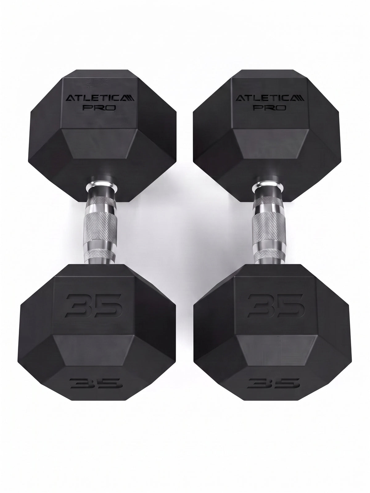 Hexagon PRO Dumbbells - Two hexagonal 35 lb dumbbells, silver handles