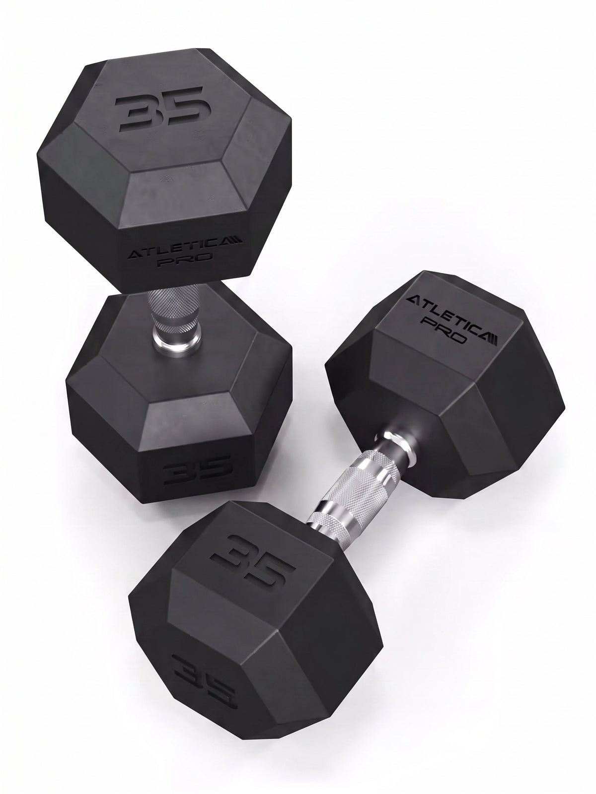 Hexagon PRO Dumbbells - Hexagonal Dumbbells 35 lb Pair, Black Rubber Coating, Silver Handles
