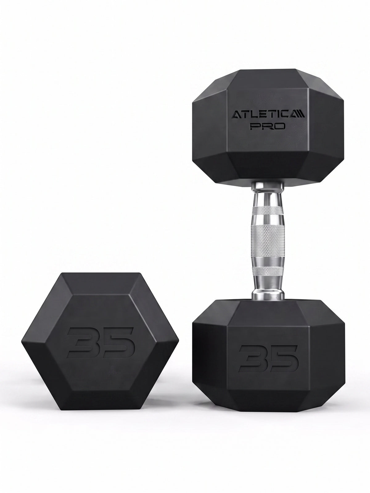 Hexagon PRO Dumbbells - Two Hexagonal Dumbbells 35 lb, One Standing, One Lying