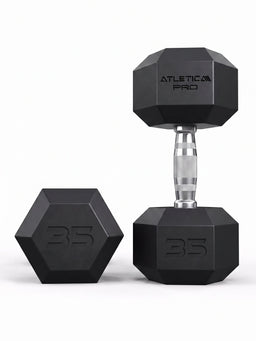 Hexagon PRO Dumbbells - Two Hexagonal Dumbbells 35 lb, One Standing, One Lying