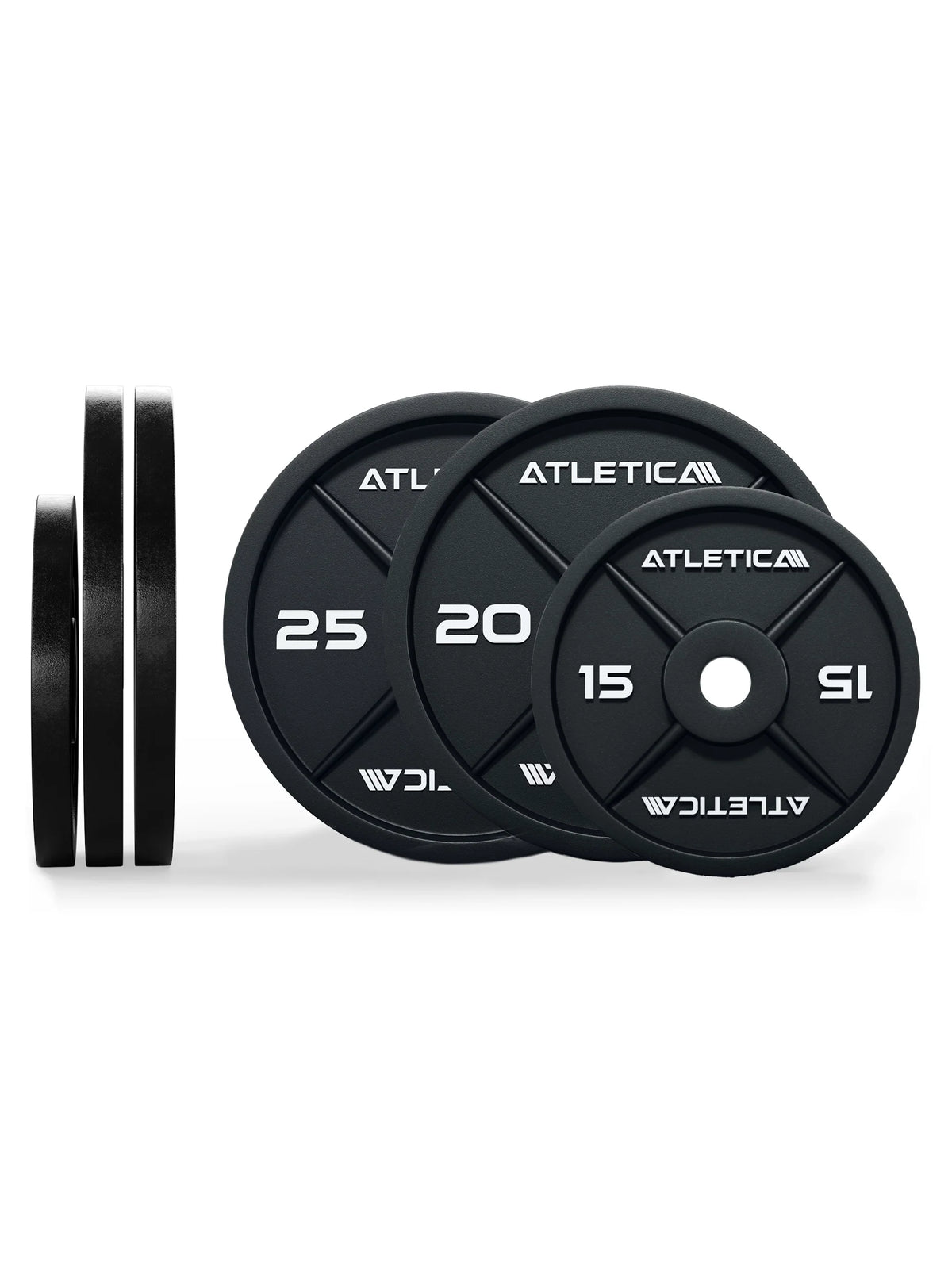 Atletica iron plates set 265 lb, plates lined up in side and front view