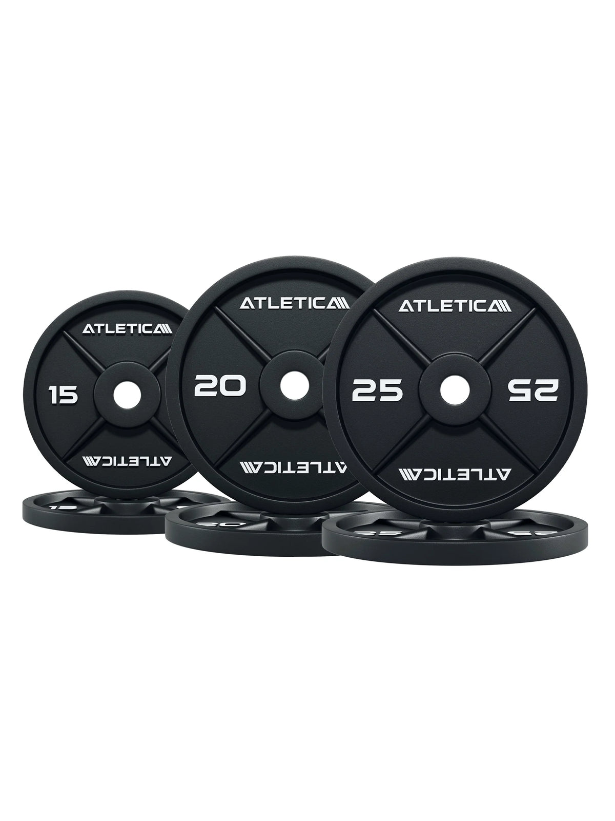 Atletica iron plates set 265 lb, stacked pairs of 33, 44 and 55 lb plates